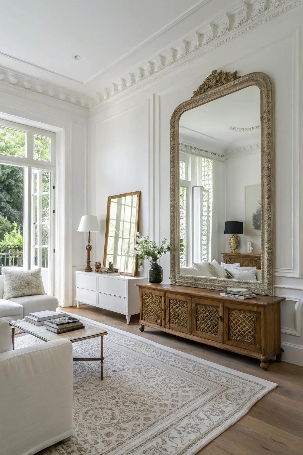 A large mirror reflecting light in a modern white living room.