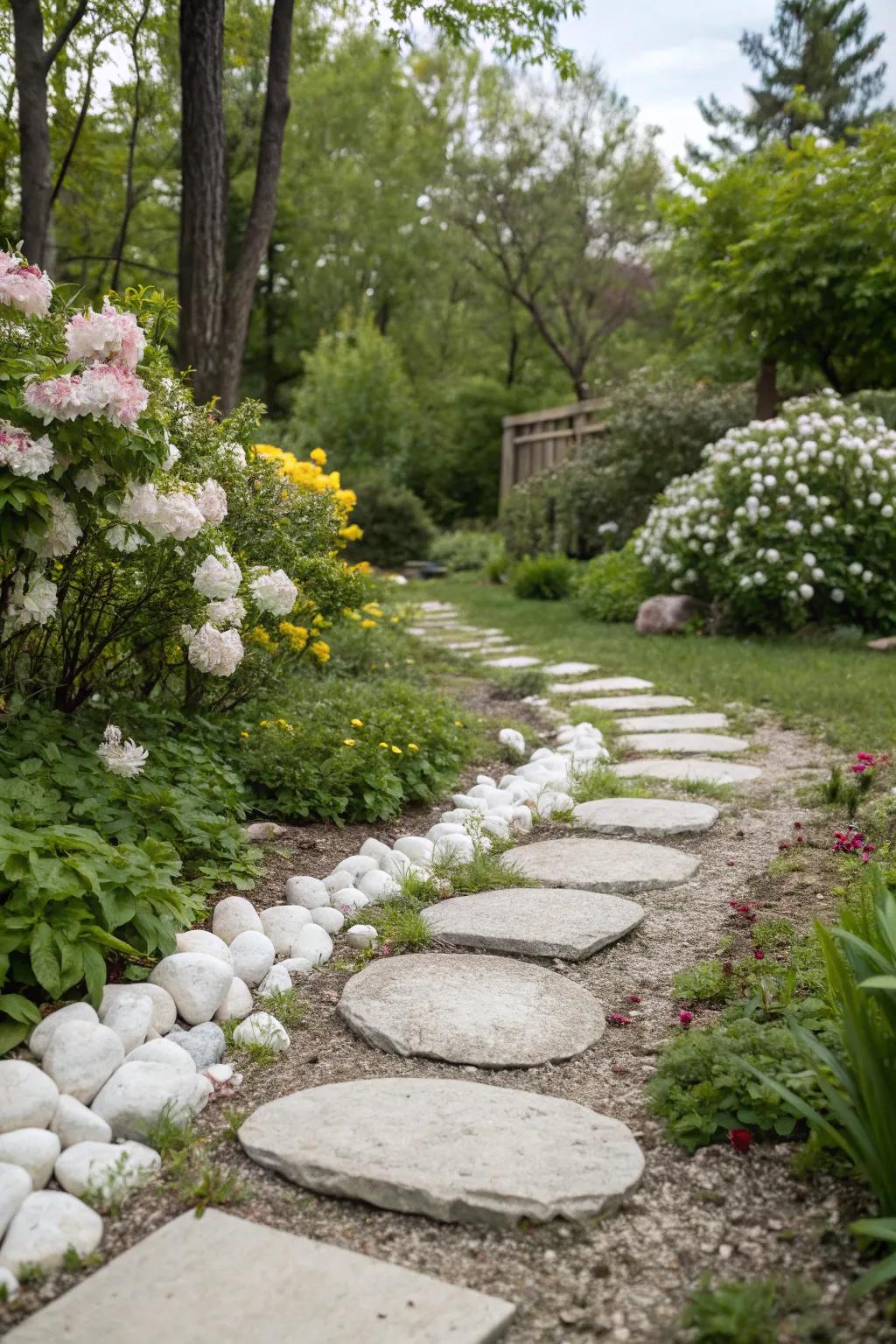 An attractive garden path composed of pale stones and stepping pavers, encouraging exploration.