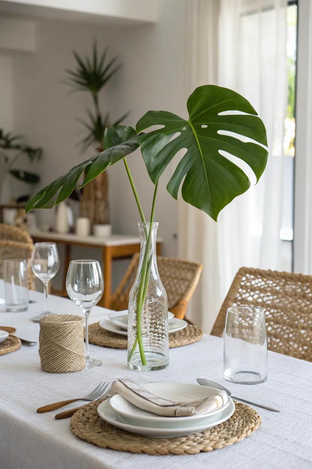 A see-through vase containing a monstera leaf used as an easy yet gorgeous centerpiece.