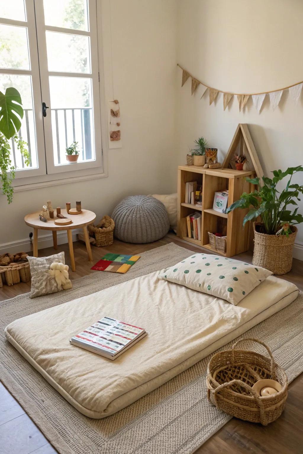 The floor bed nurtures autonomy and unrestricted movement.