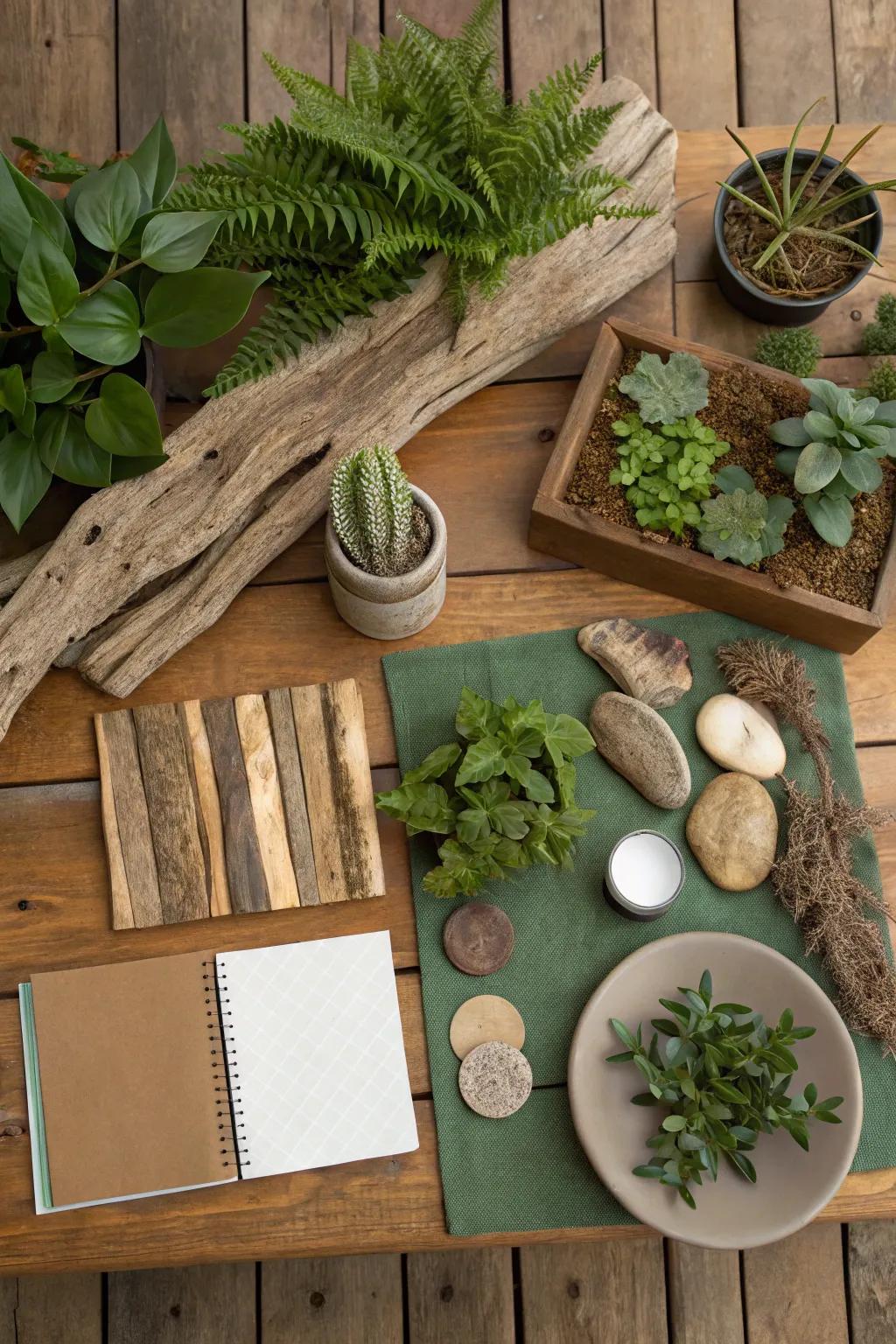 A nature-centric mood board featuring soothing earthy components.