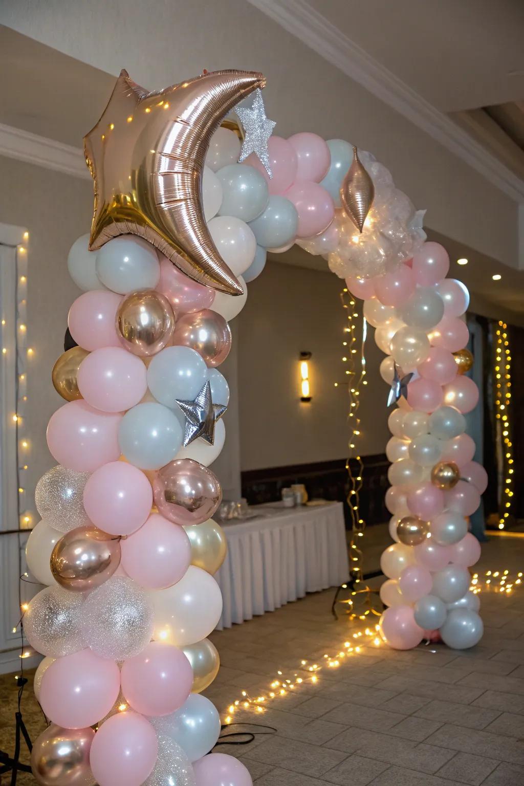 A stunning balloon garland adorned with lunar and stellar motifs, establishing the celestial atmosphere.