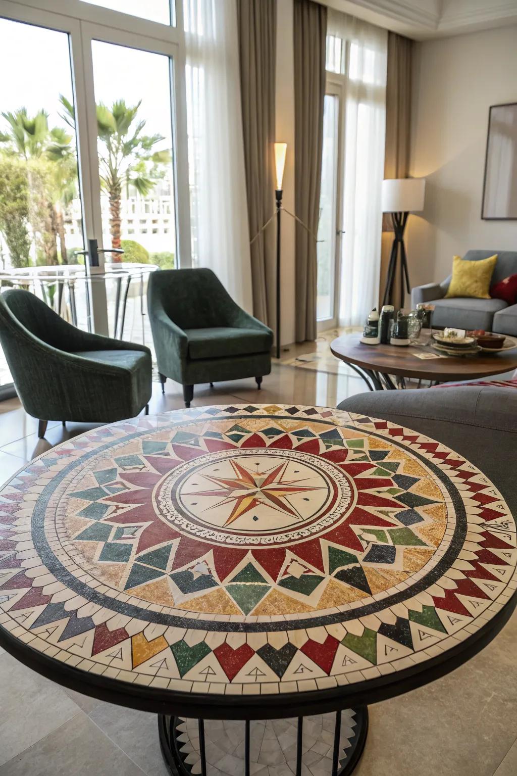 A circular mosaic table showcasing striking geometric patterns adds a touch of modern elegance to any setting.