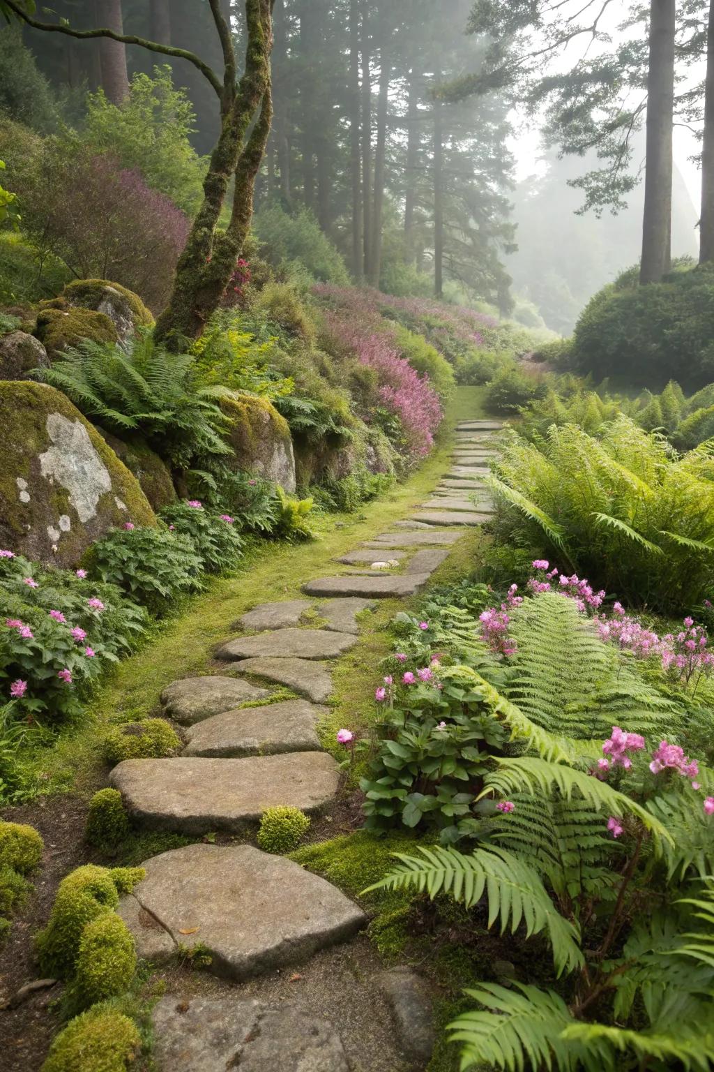 An attractive moss stone route snaking through a lively garden landscape.