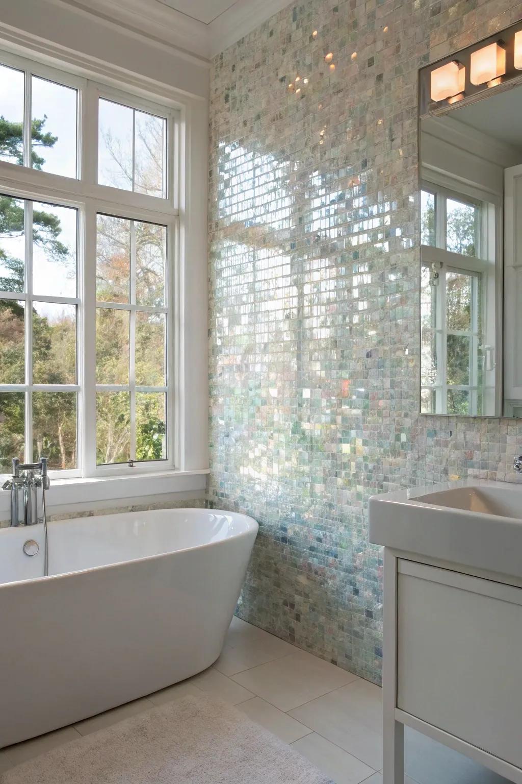 A mother of pearl embellished wall introduces both luxury and tranquility to your bathroom.