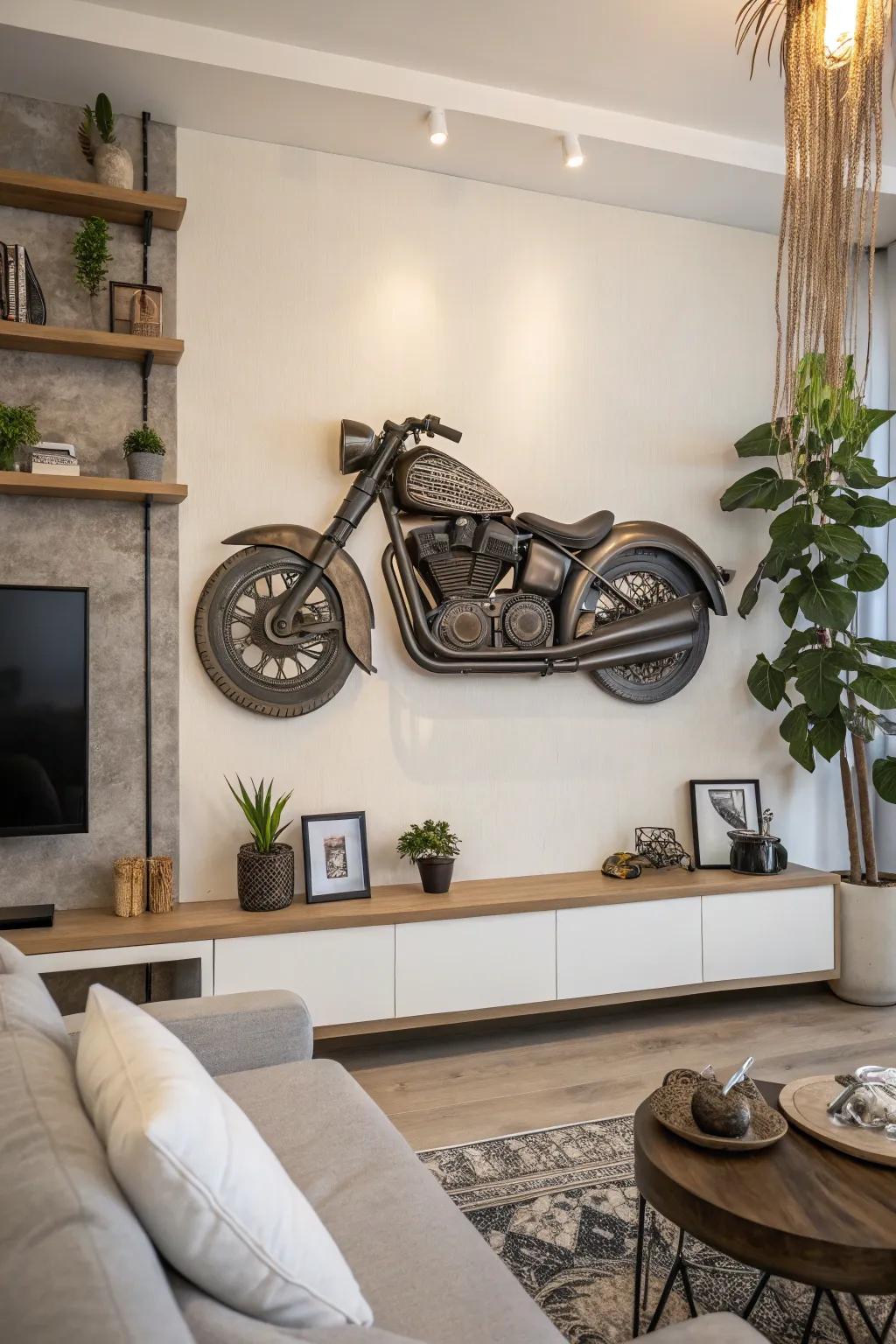 A striking 3D motorbike sculpture enhancing a wall.