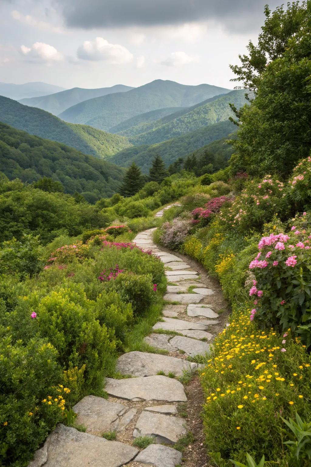 A gently curving stone path snaking through a lively mountain garden.