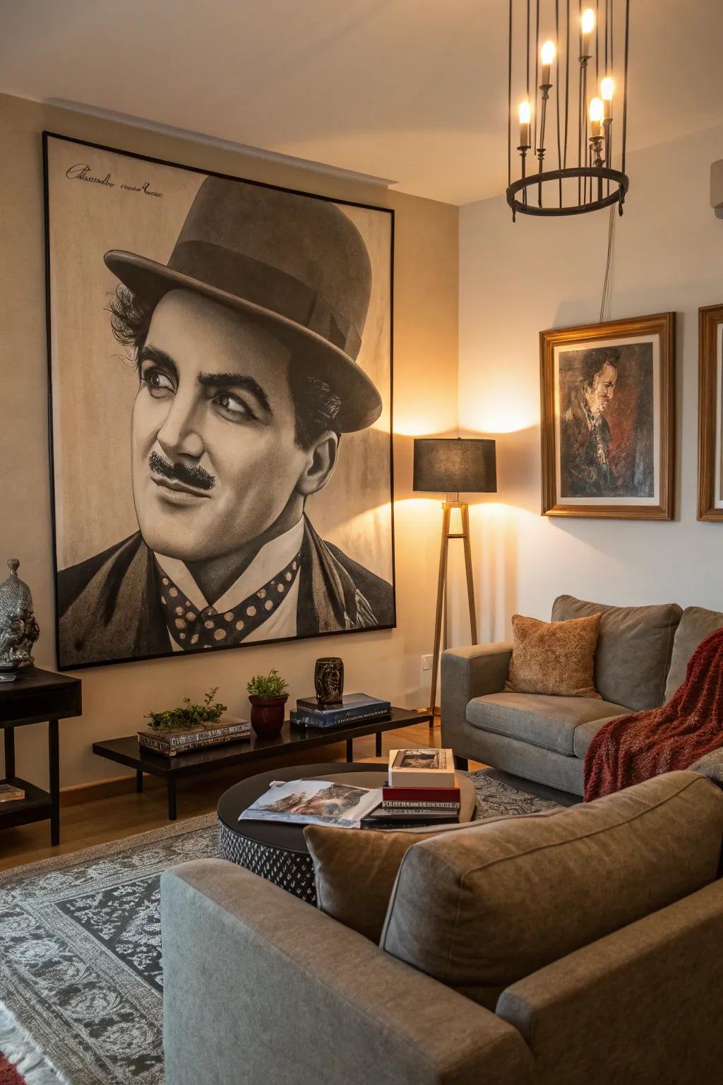 A living room showcasing a large, stylized portrait of a character from a classic film.