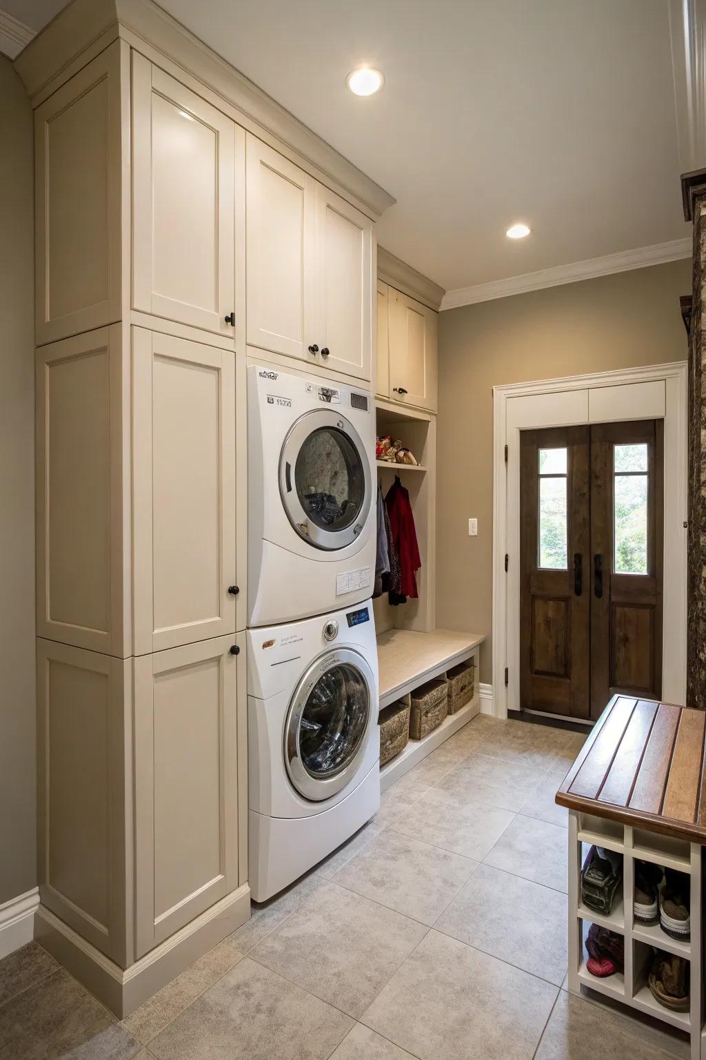Stacked appliances make room for additional storage solutions in a space-efficient mudroom.
