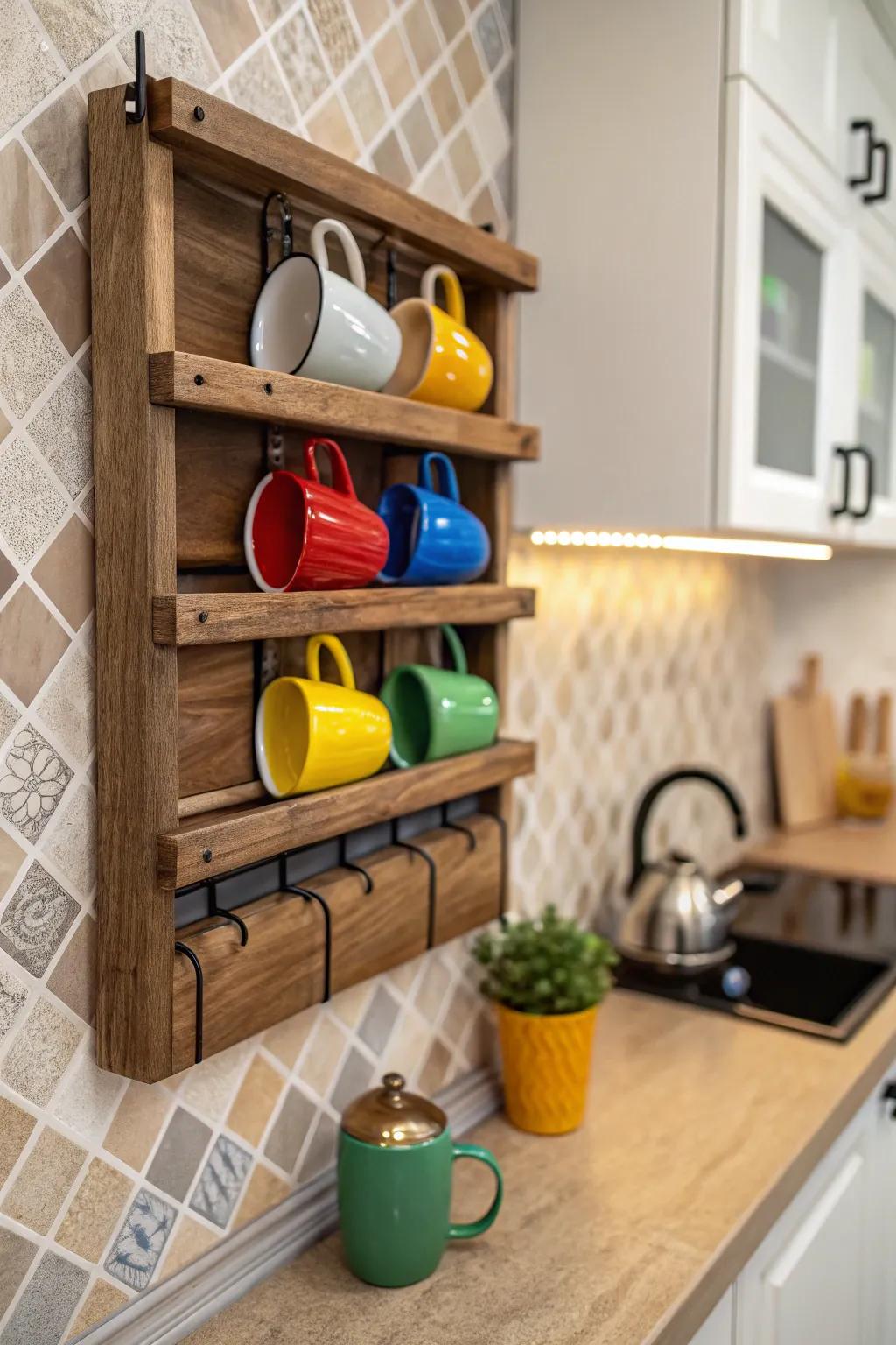 Transform your mugs into a decorative wall exhibit using wall-mounted racks.