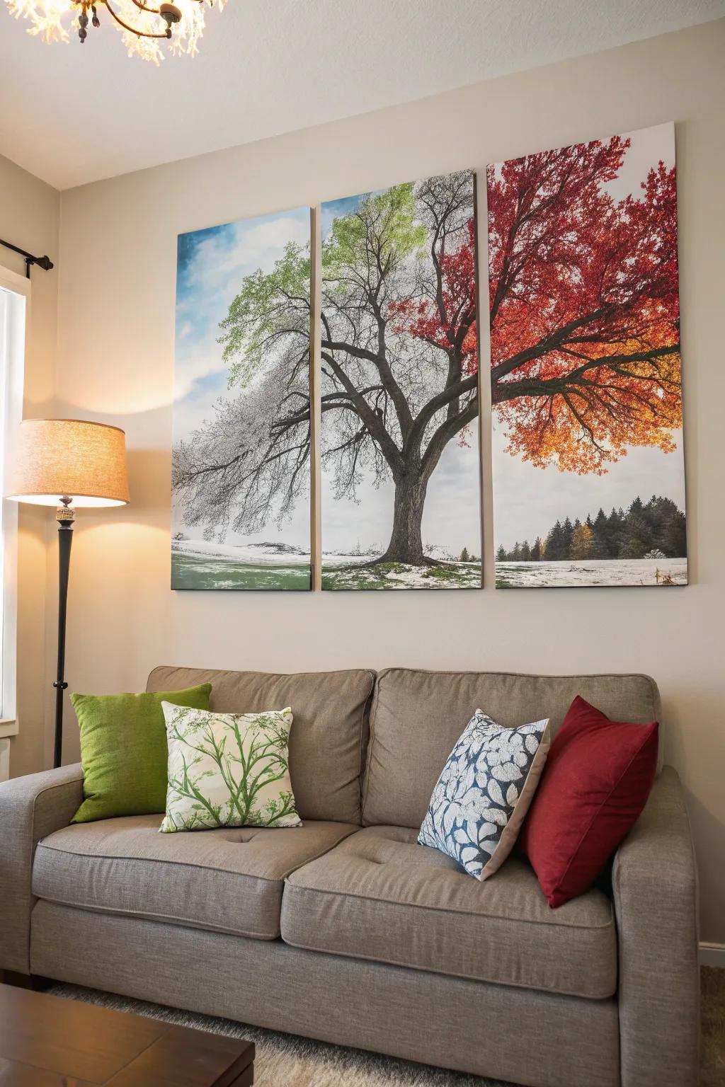 A multi-canvas creation embodying the charm of a tree through the seasons, bringing a hint of the outdoors into the space.
