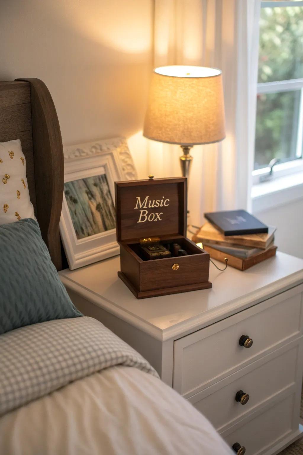 A personalized melody chest introduces a personal element to any boudoir decoration.