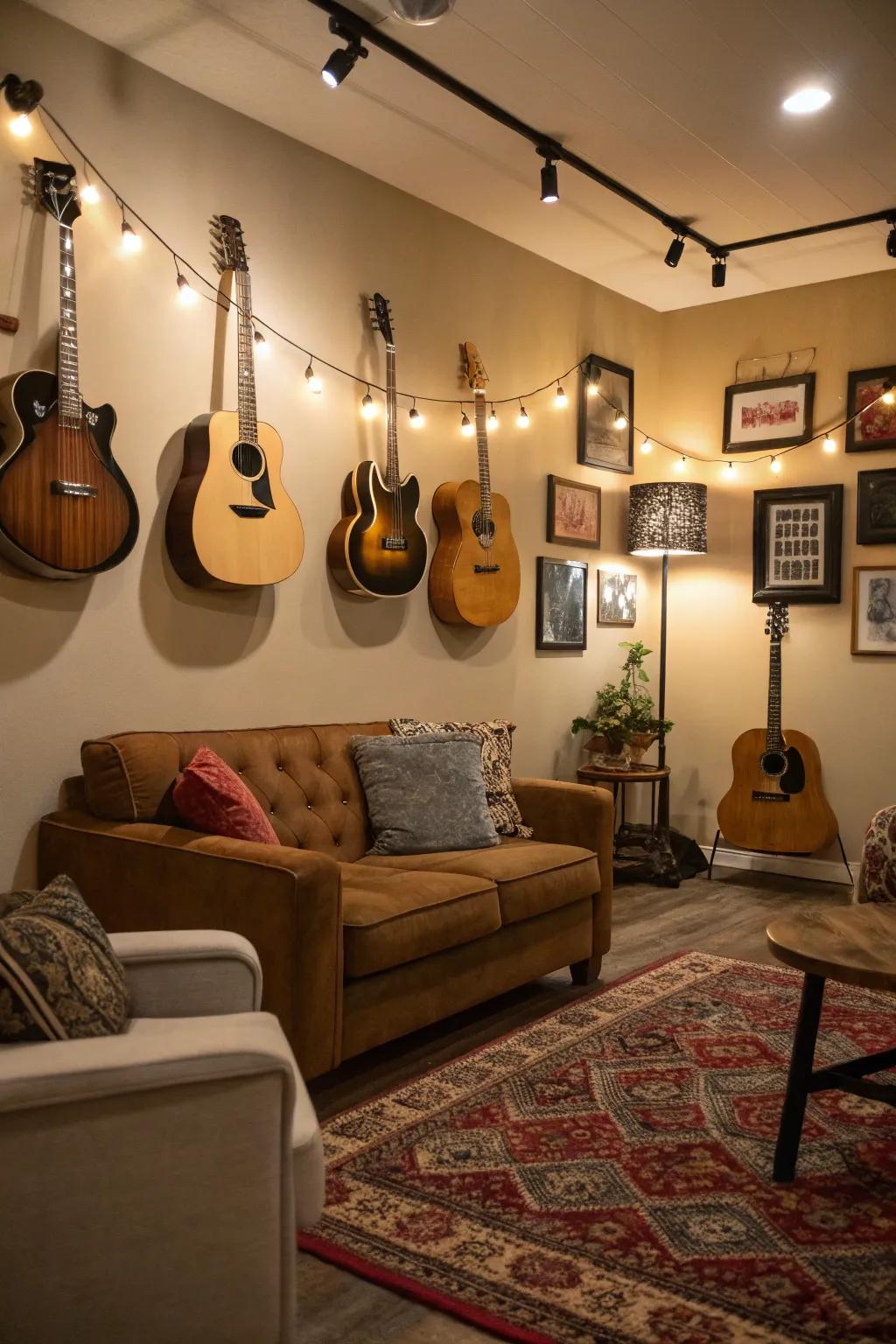 Guitars displayed as artistic pieces create an inspiring music room atmosphere.