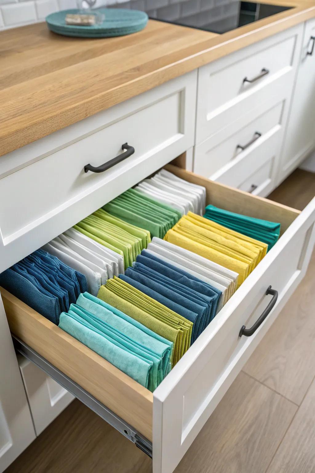 Kitchen drawer thoughtfully organized with colorful napkins, providing effortless accessibility.
