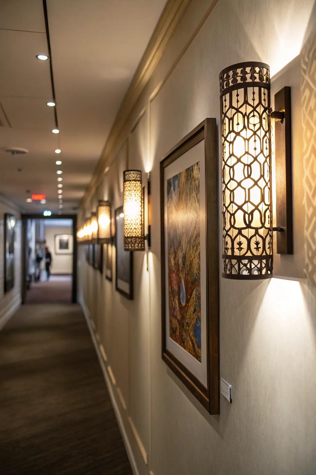 Wall lights give both style and use for constricted hallways.