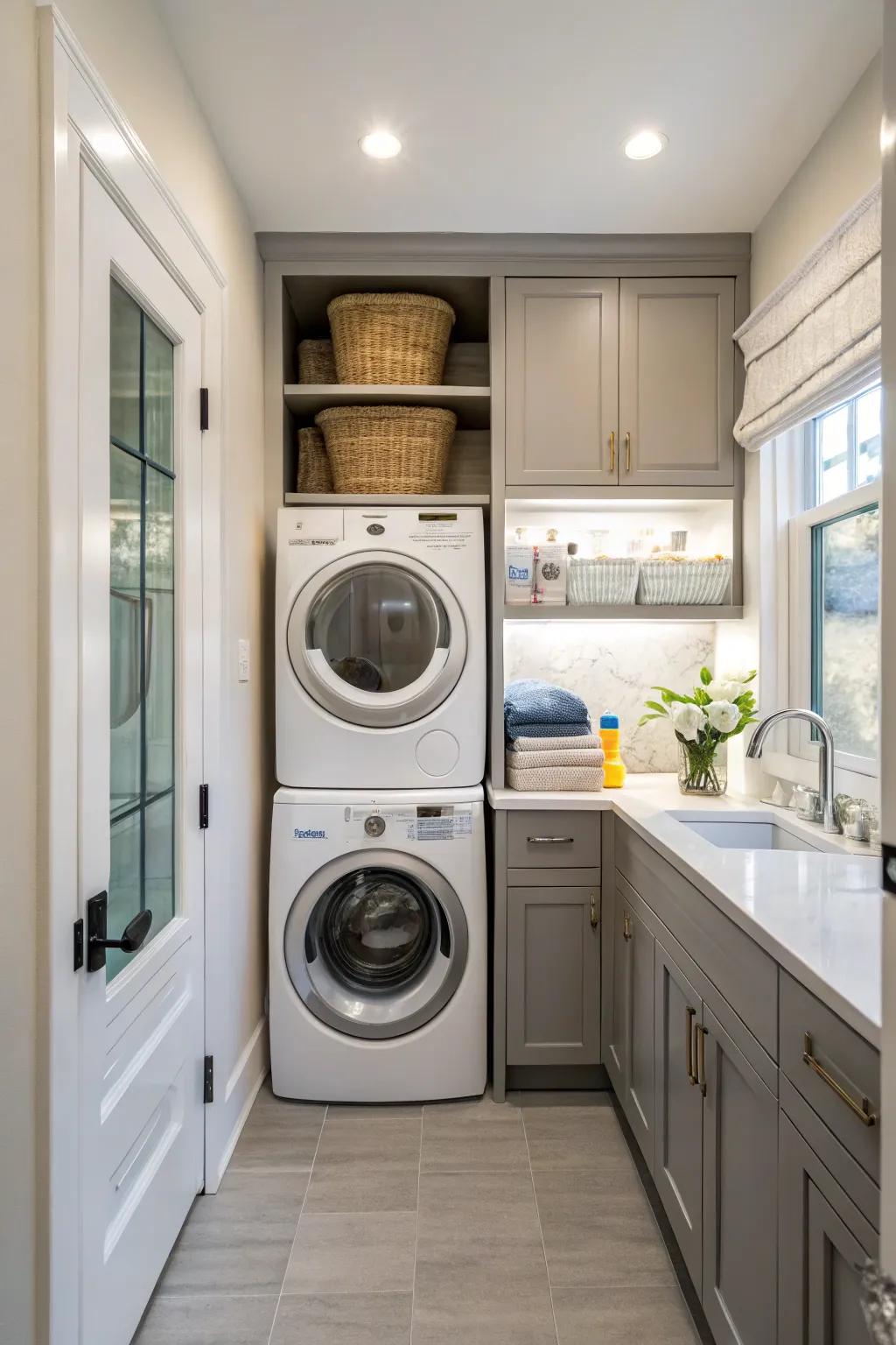 Optimize vertical dimensions by stacking your washer and dryer.