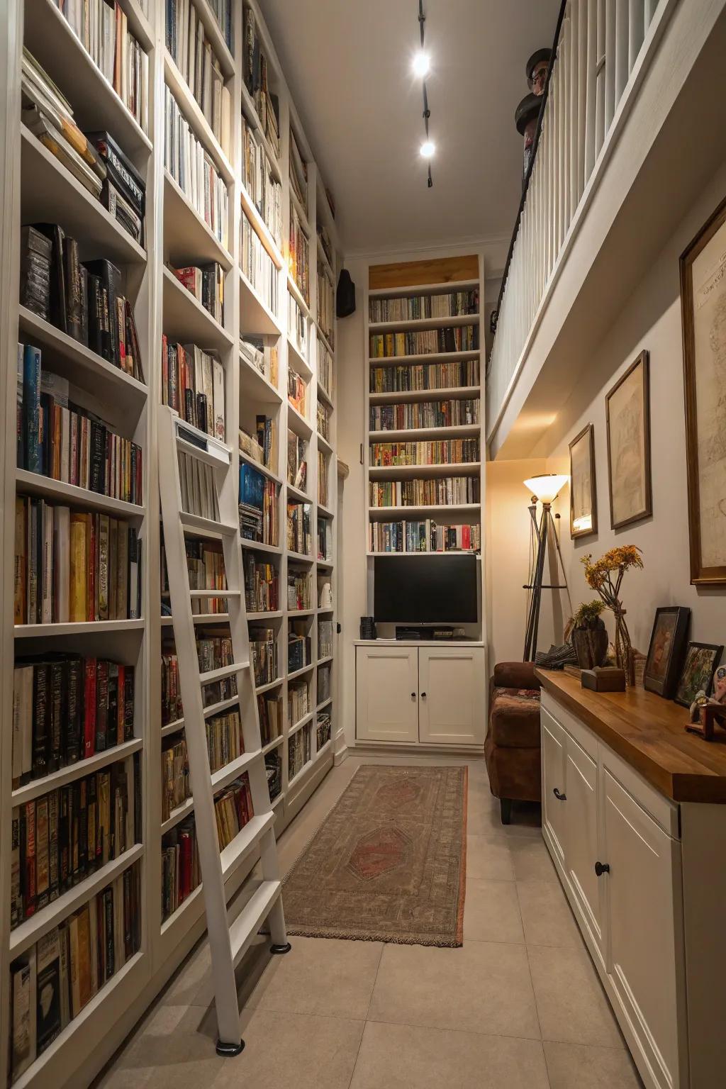 Employing vertical space through the incorporation of towering bookshelves in a restricted living area.