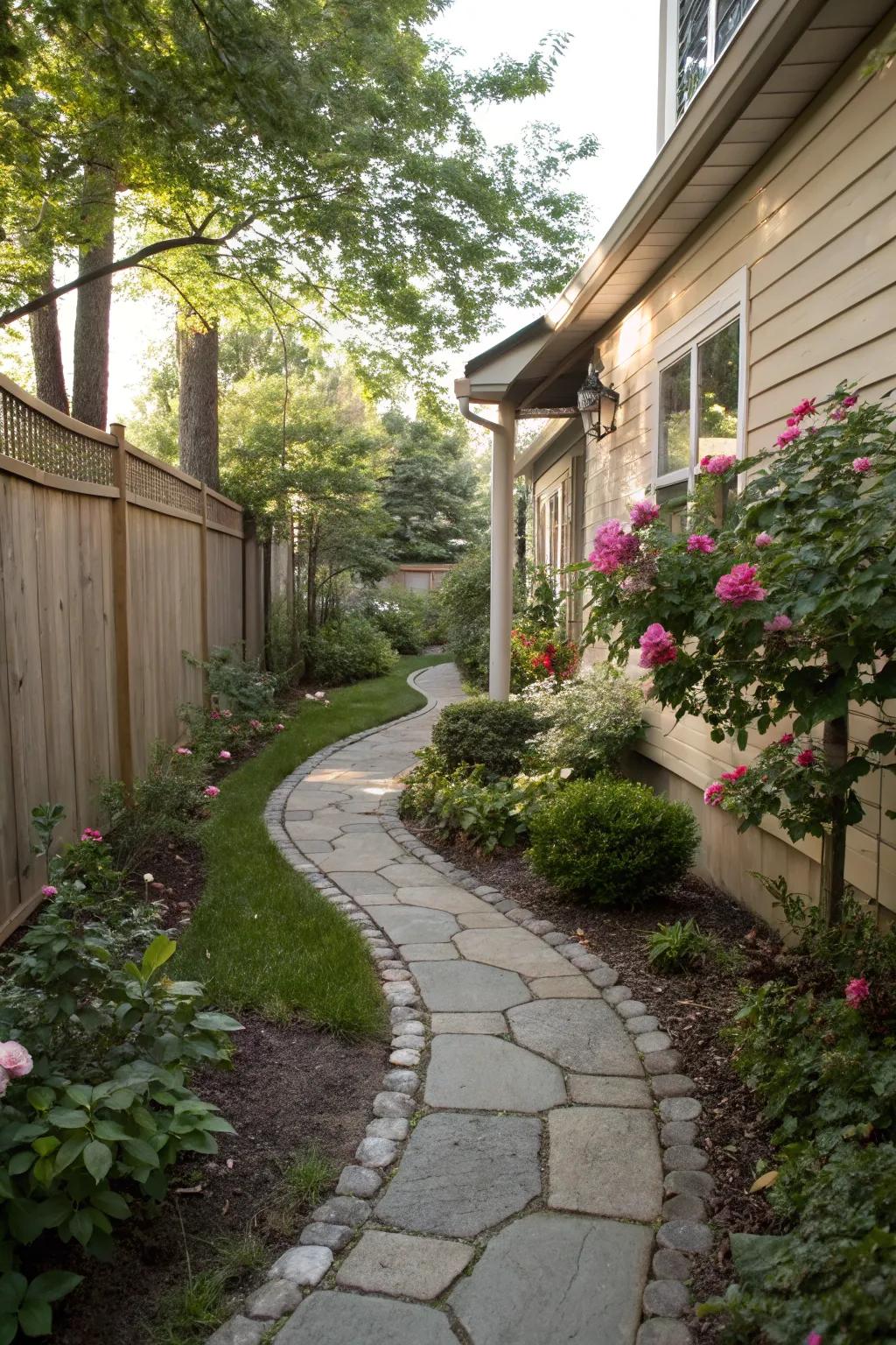 A gracefully curved path introduces charm and aesthetic appeal to a slender side yard.