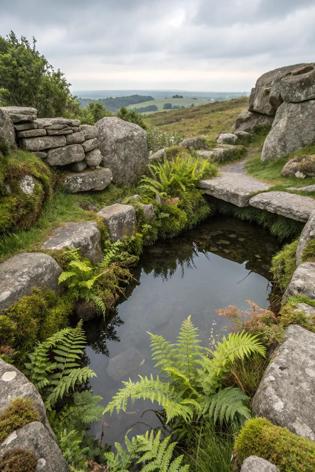 Natural stones lend a rustic appeal to a backyard pond.