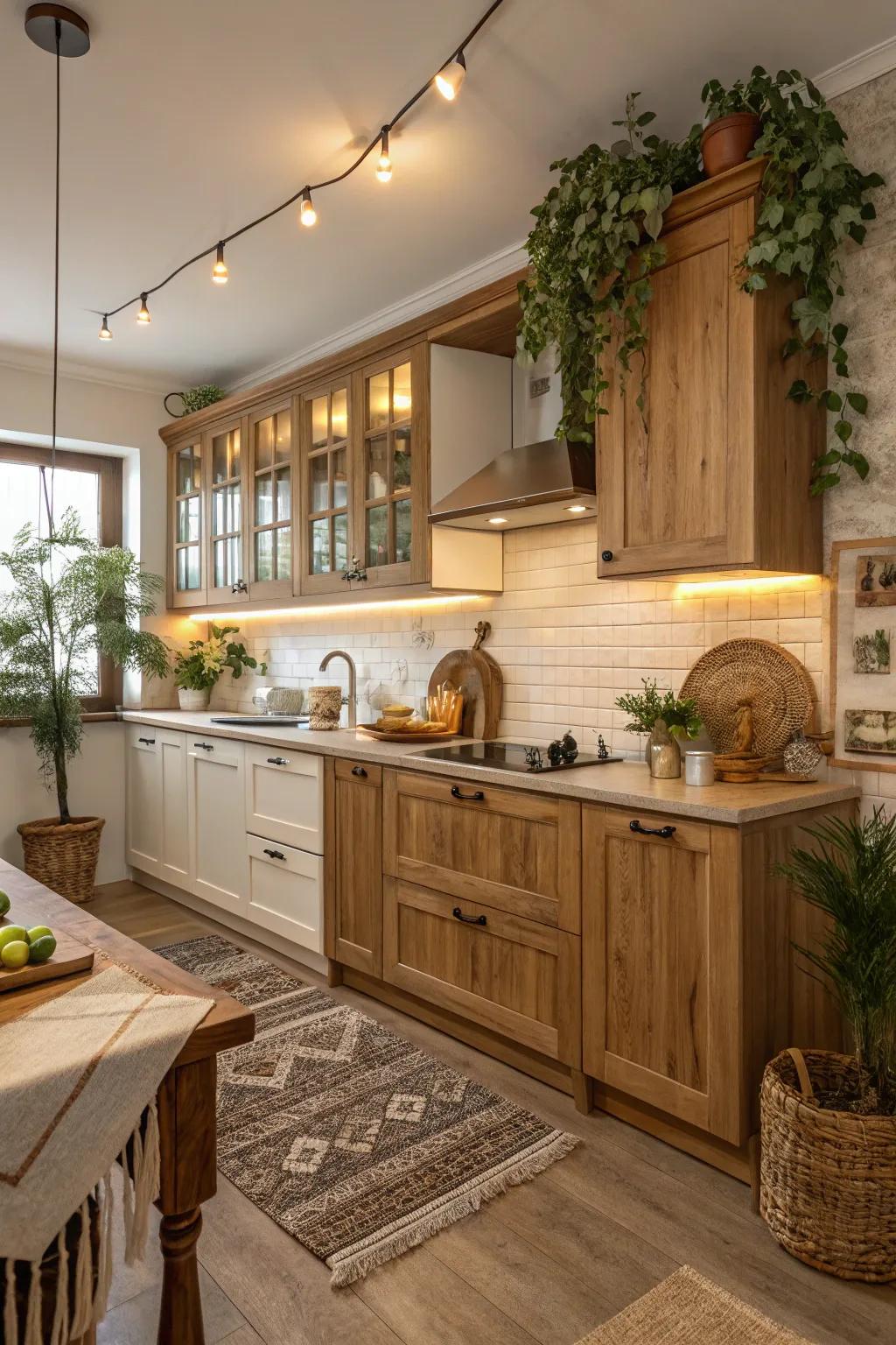 A kitchen showcasing a unified mix of light oak and walnut timber colors.