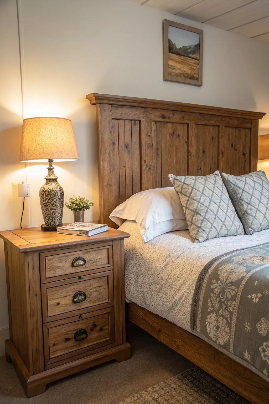 Rustic wood accents bring warmth and charm to any bedroom.