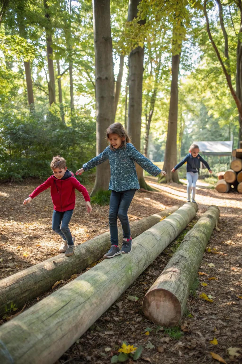 Tree trunks as balance beams offer boundless fun.