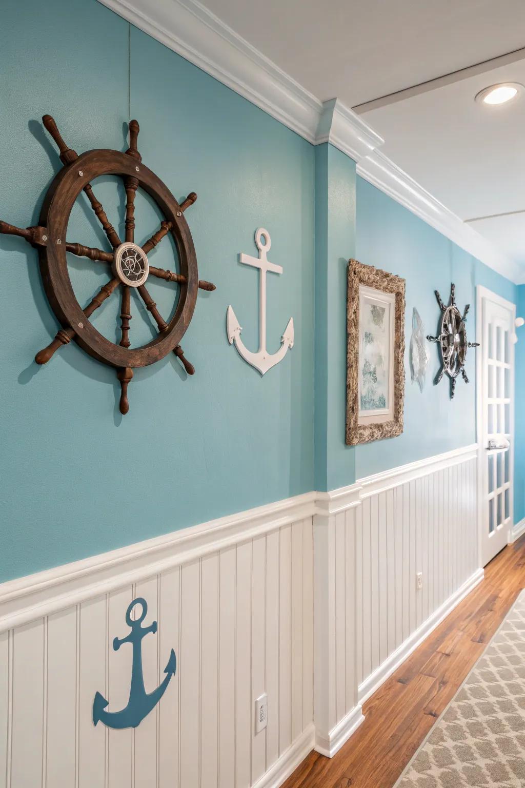 A nautical array of blues and whites establishes the framework for a coastal motif.
