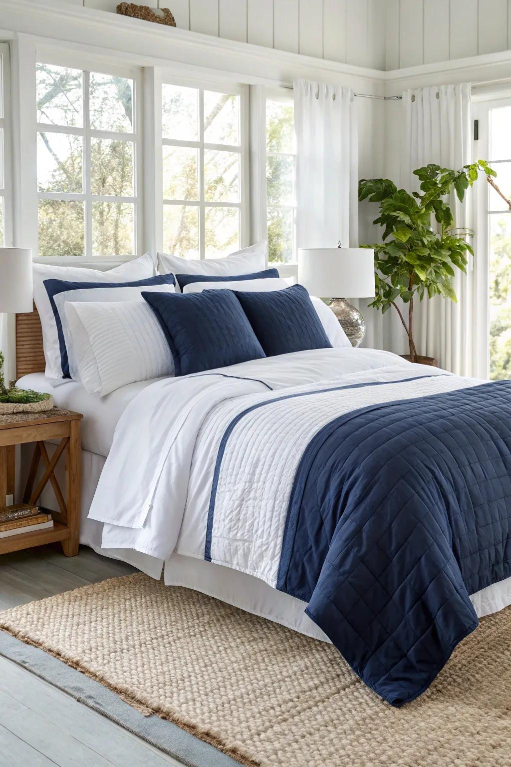 Create a timeless bedroom with layers of navy and white.