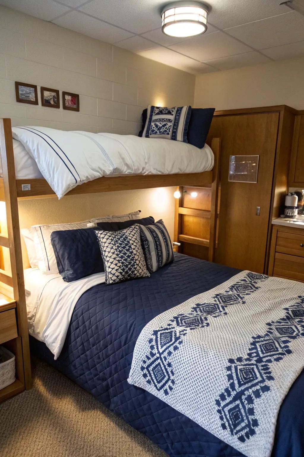 Transform your dorm into a snug sanctuary with navy blue bedding as the focal point.