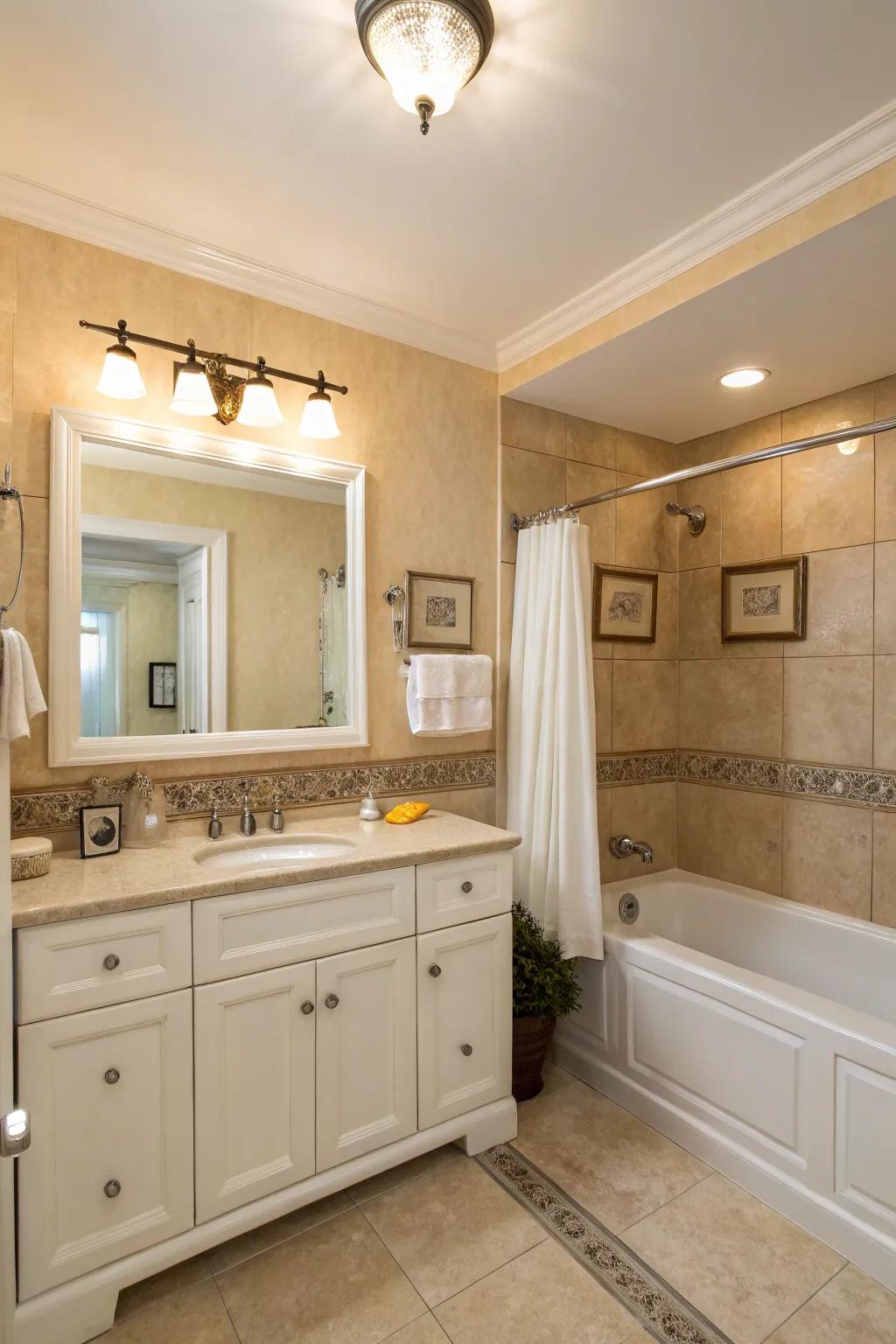 Warm sand walls provide a calming canvas in this neutral bathroom space.