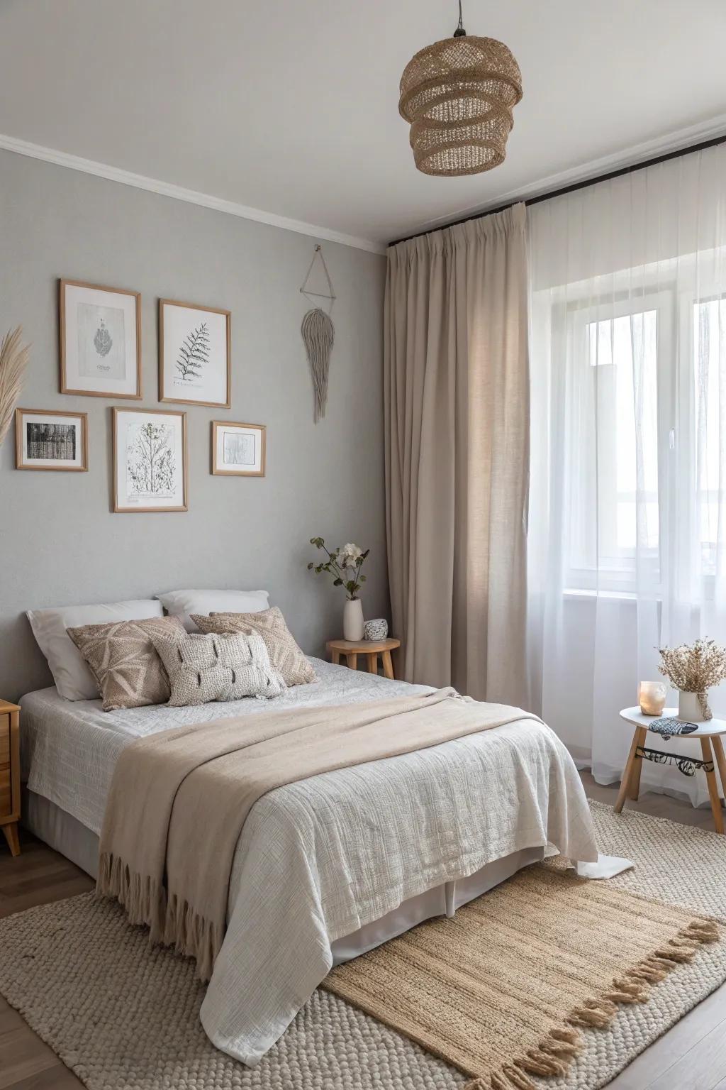 A bedroom showcases a relaxing gentle color scheme featuring whites and beiges.