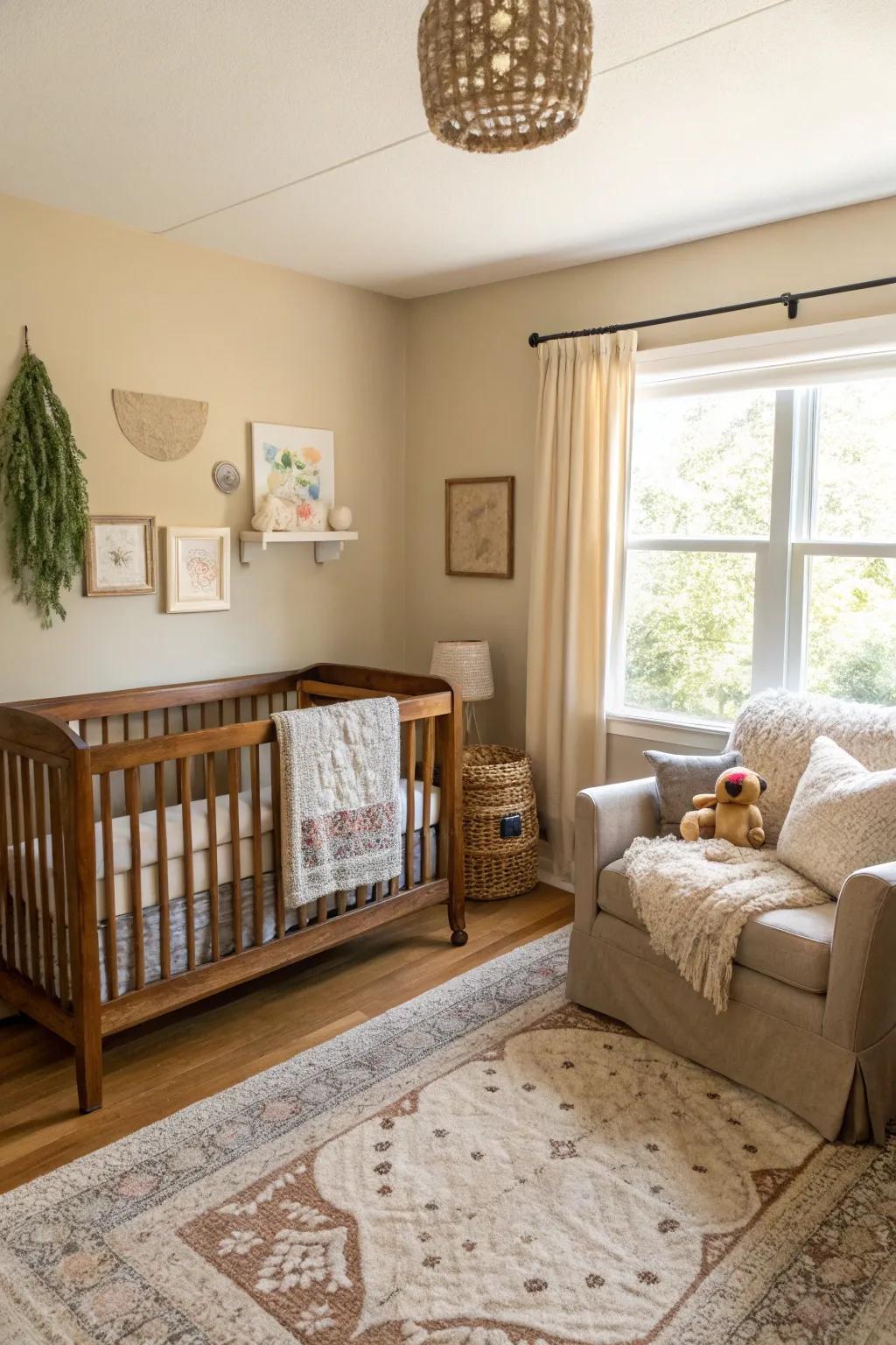 A calming cream nursery enhanced with organic wood accents.