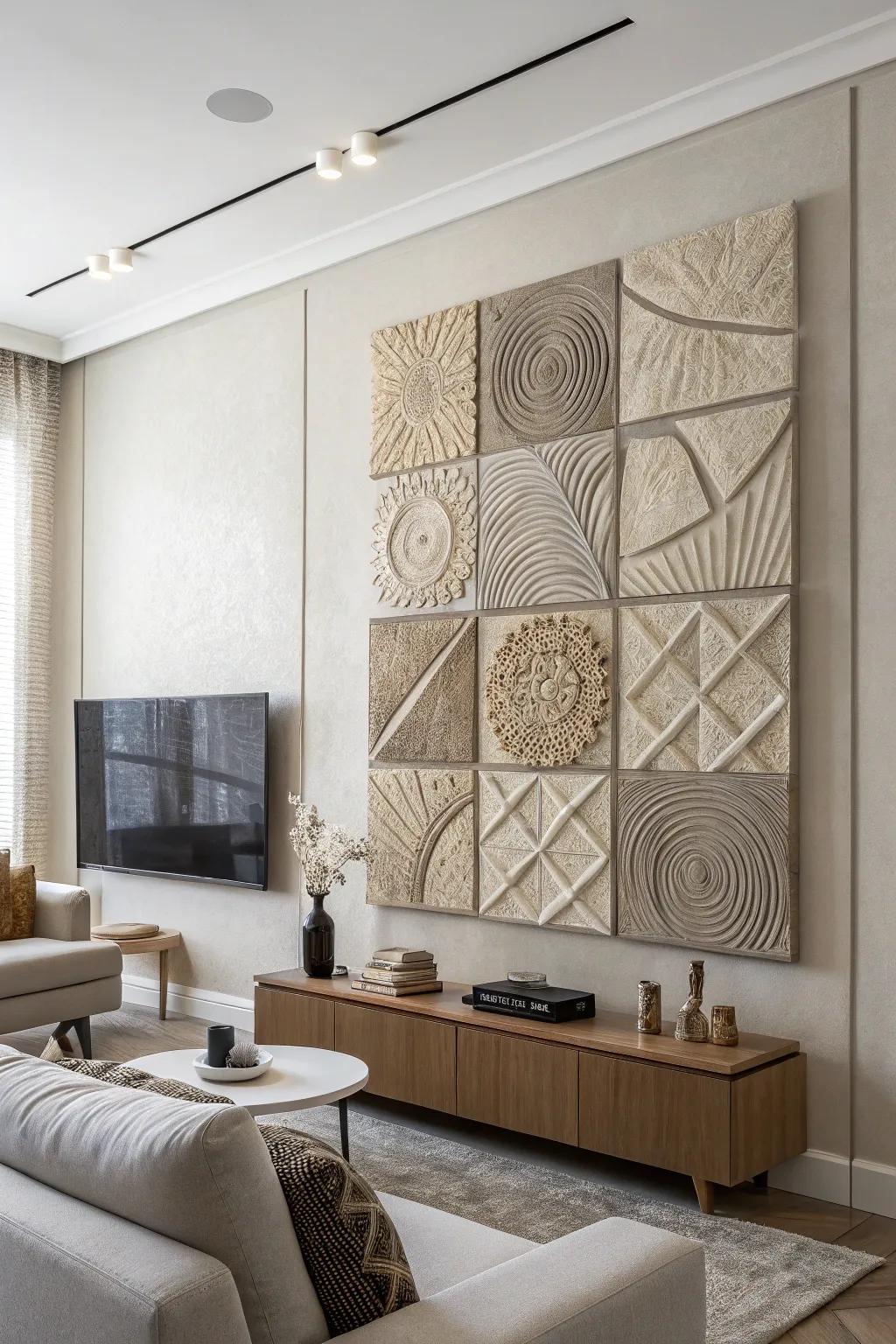 Textured artwork enhances the depth of neutral walls.
