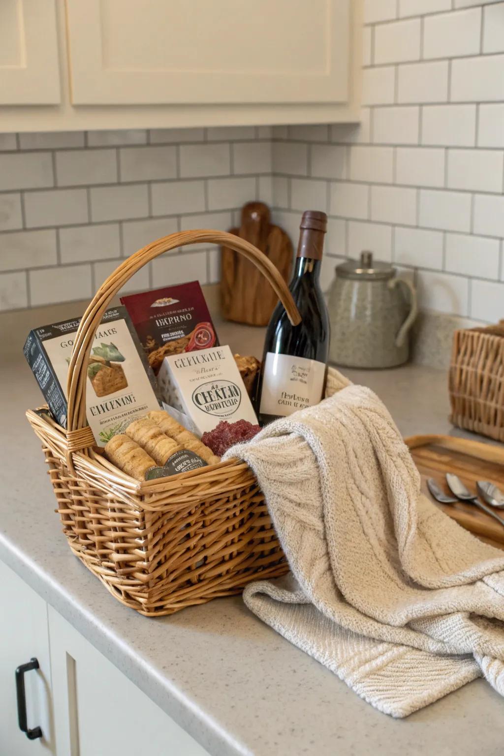 A considerate gift basket filled with the essentials for a cozy home.