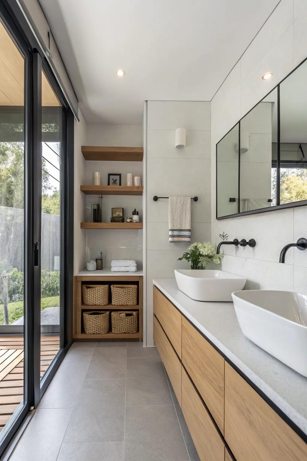 A contemporary bathroom showcasing a spacious, open-plan design with elegant storage.