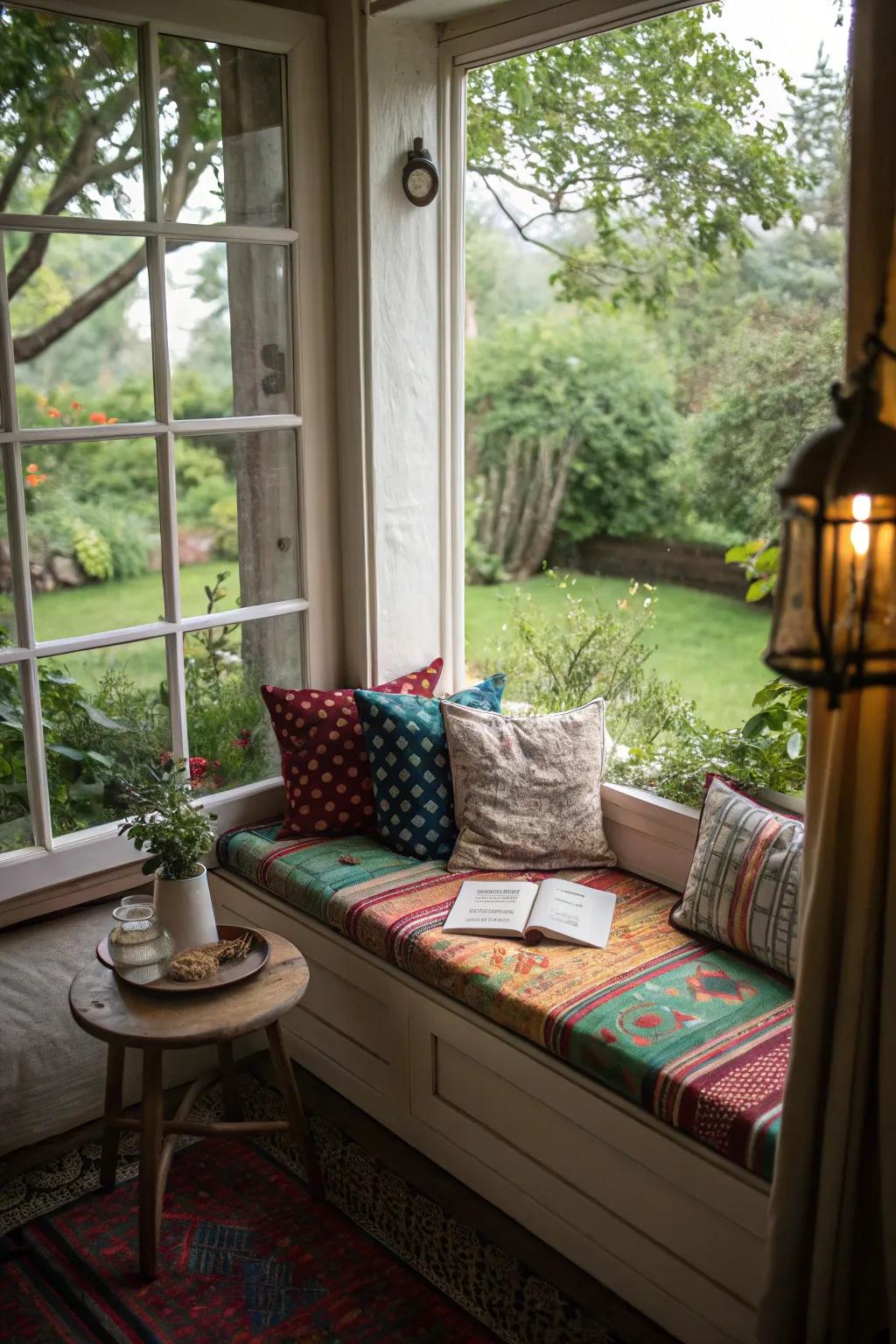Convert a window seat into an appealing nook with lively cushions and garden vistas.