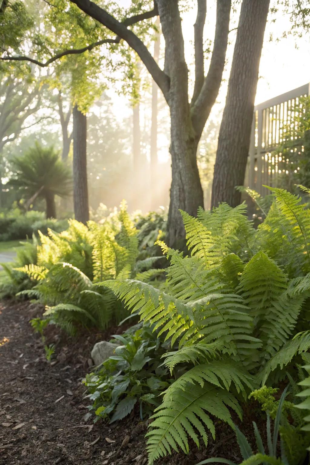 A diverse selection of fronds bringing a textural element to a sheltered garden nook.