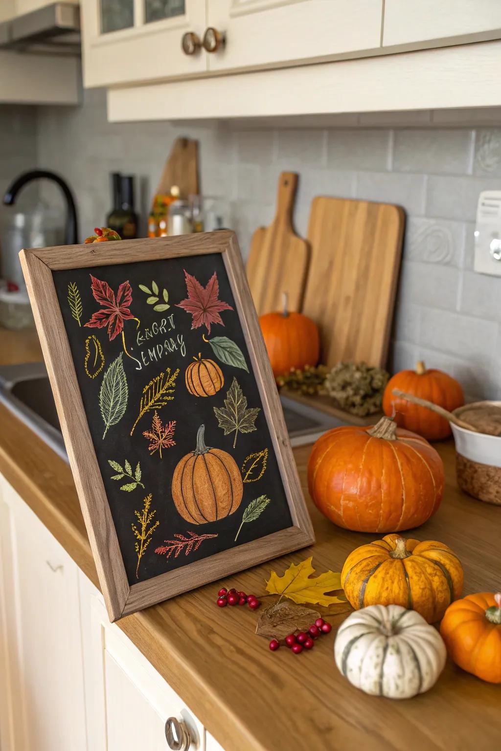 A harvest-inspired chalkboard design, radiating warmth and vibrant hues throughout the home.