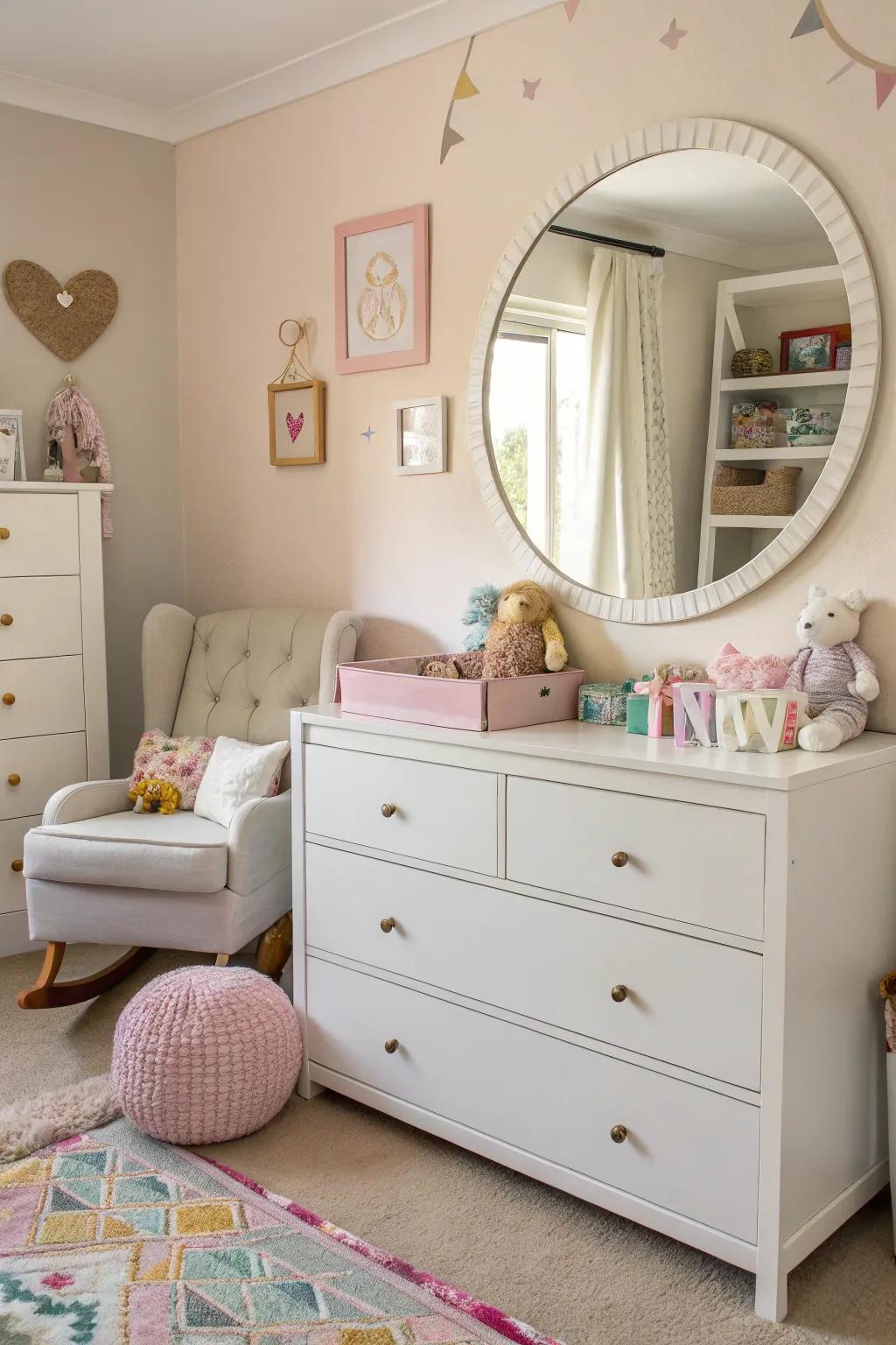 An orb reflector charmingly placed over a cream dresser in a pastel-inspired nursery.