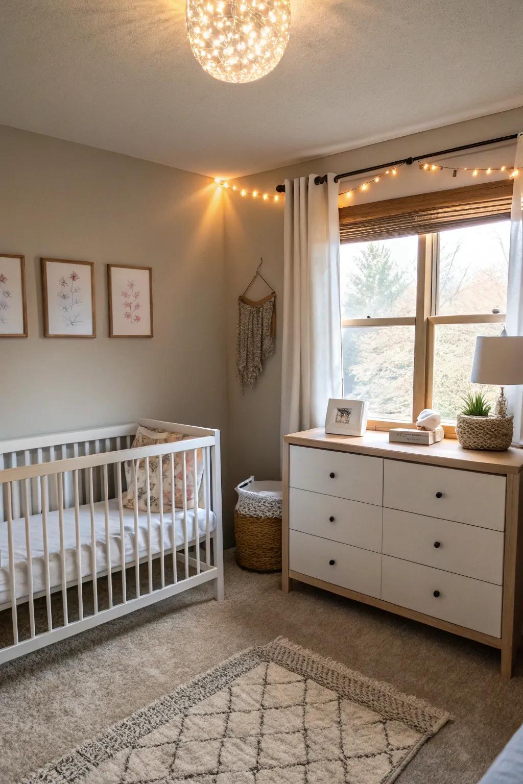 Minimalist furniture establishes a tranquil, uncluttered nursery ambiance.