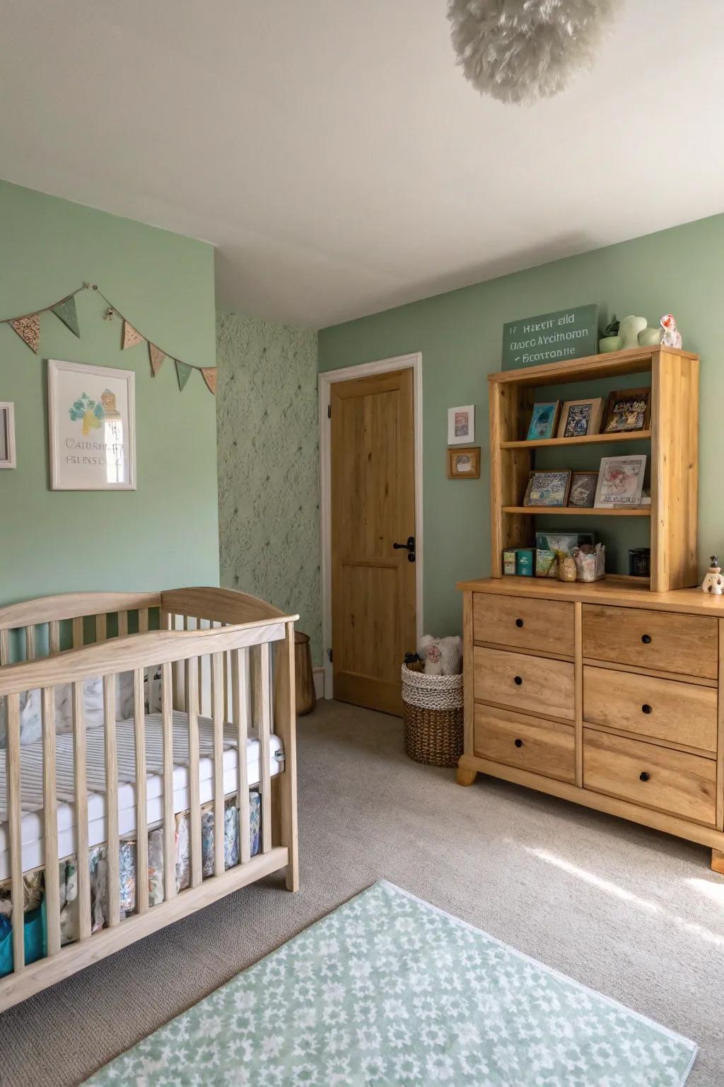 A serene nursery featuring gentle herb green, creating a tranquil setting.