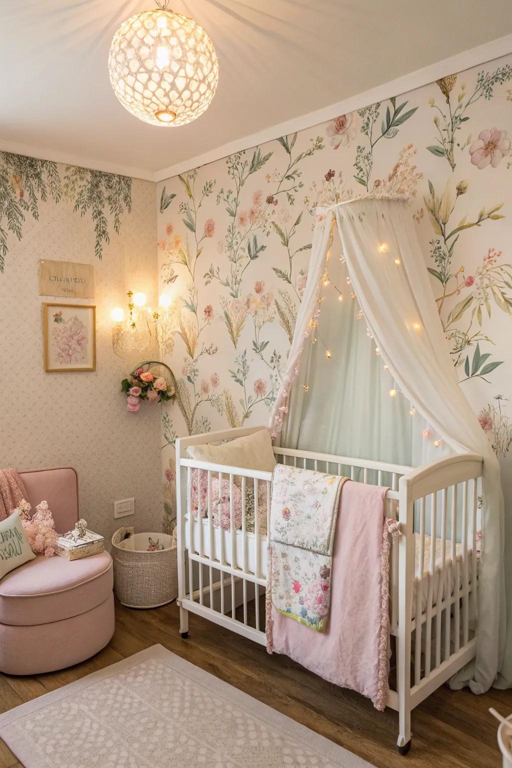 Elegant botanical prints introduce enduring charm to any nursery.