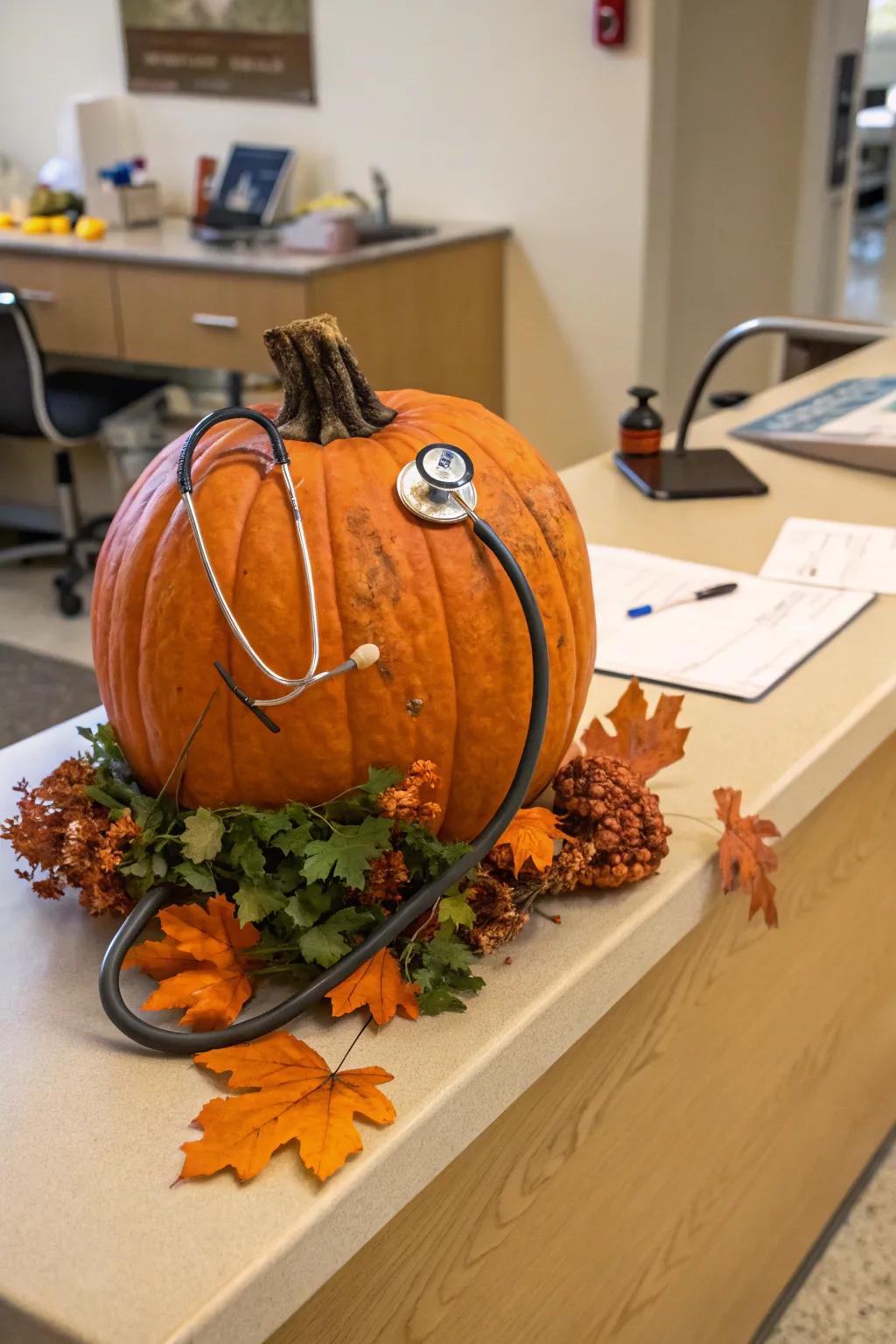 A pumpkin accessorized with a sound scope adds a healthcare-related twist to fall decorations.