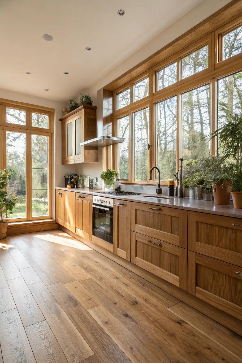 Oak floors drenched in sunlight within a roomy kitchen.