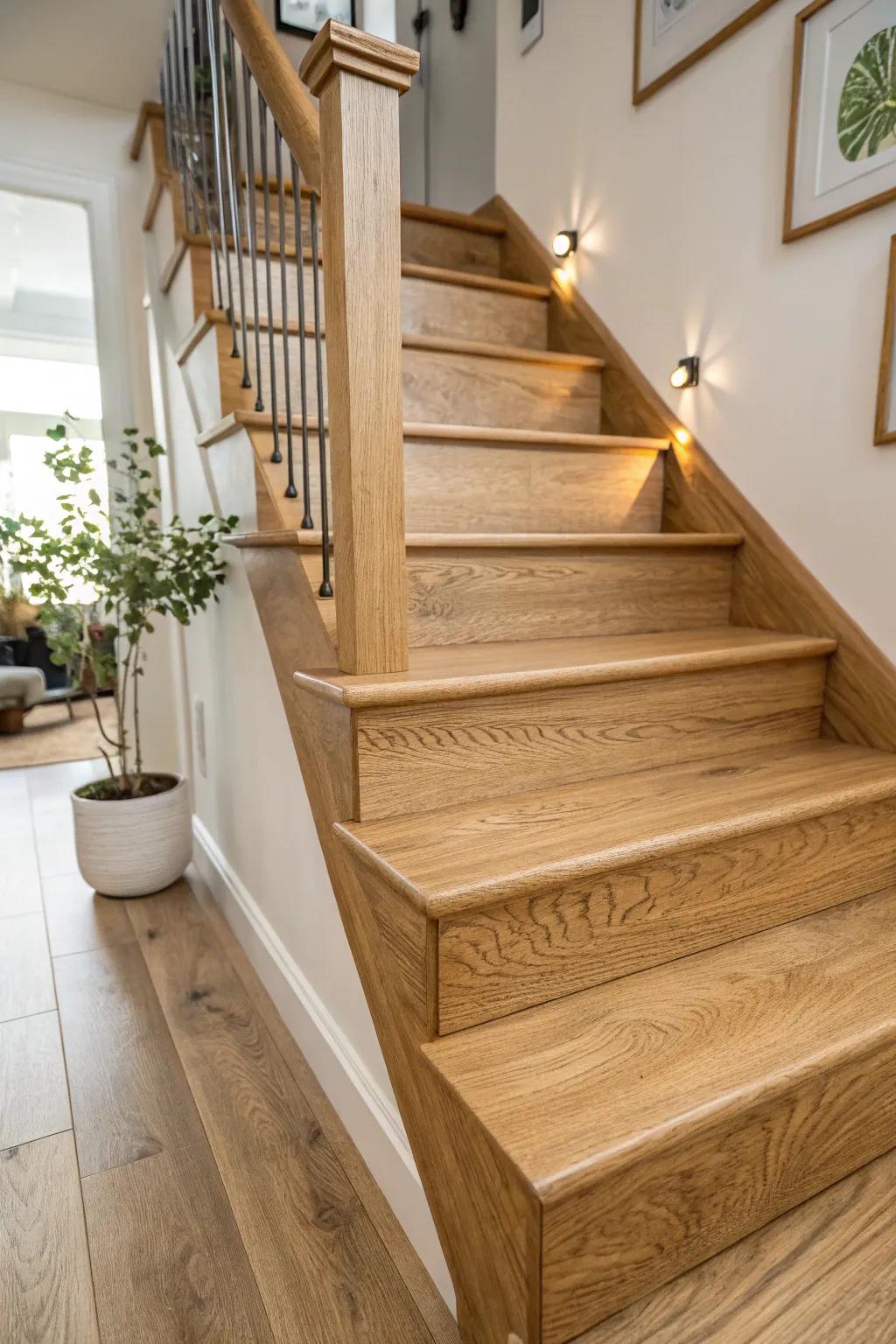 An oak staircase in its natural state, showcasing its stunning grain and hue.