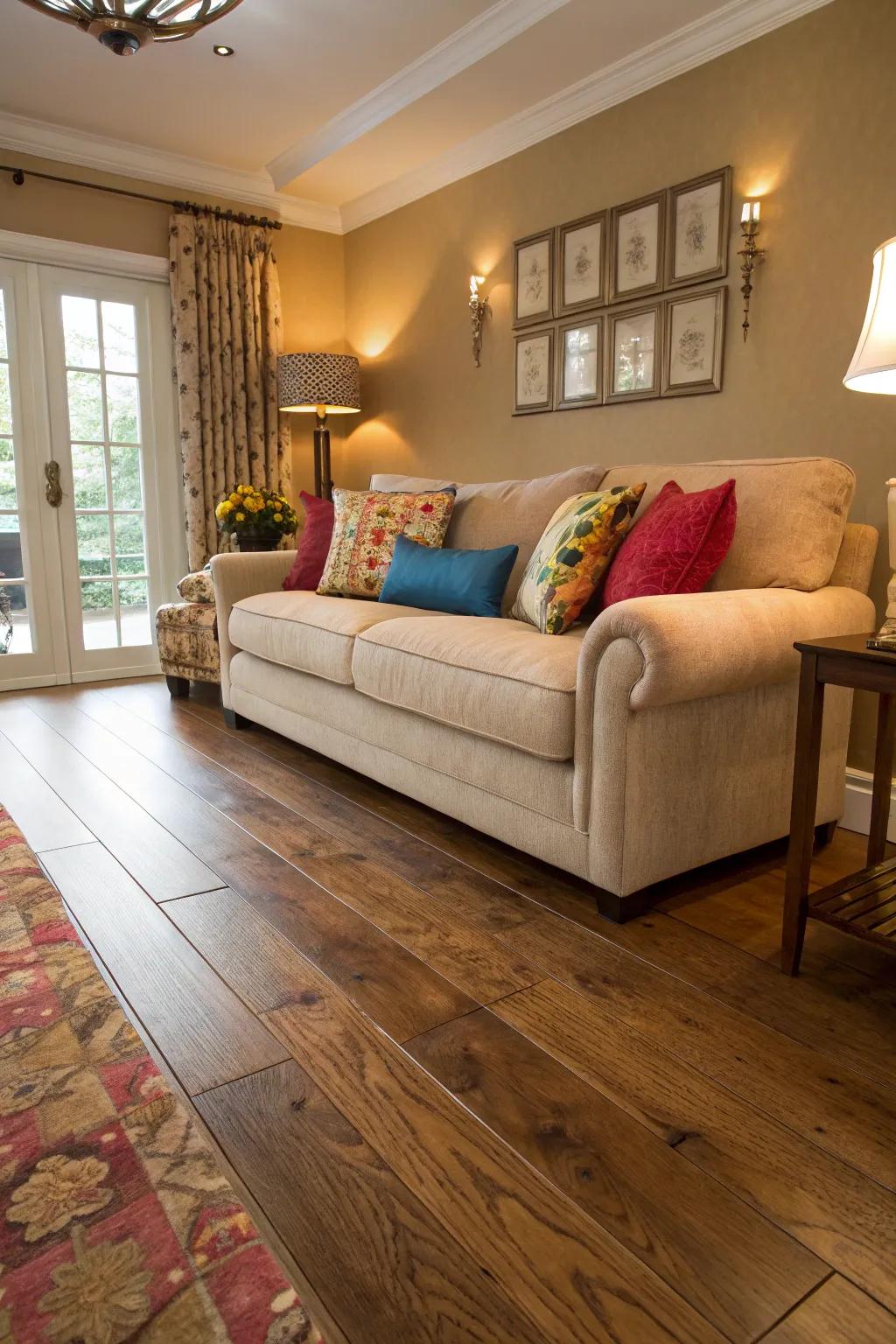A snug and welcoming family room furnished with plush items and set off by the oak flooring.