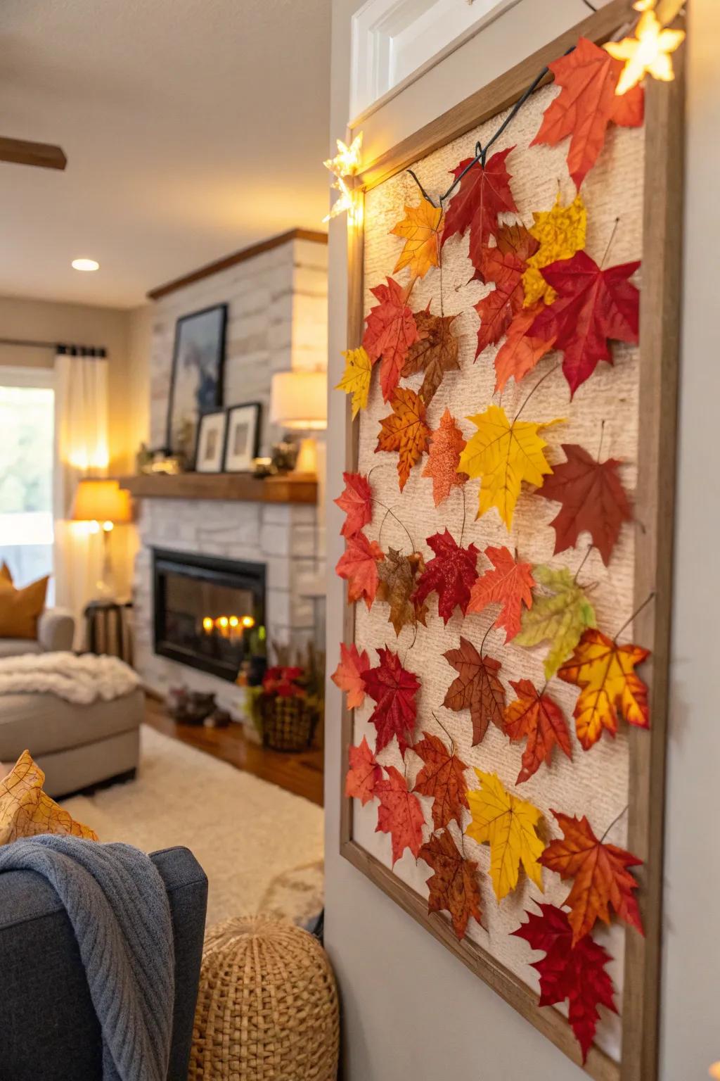 A living room bulletin board festooned with autumn leaves.