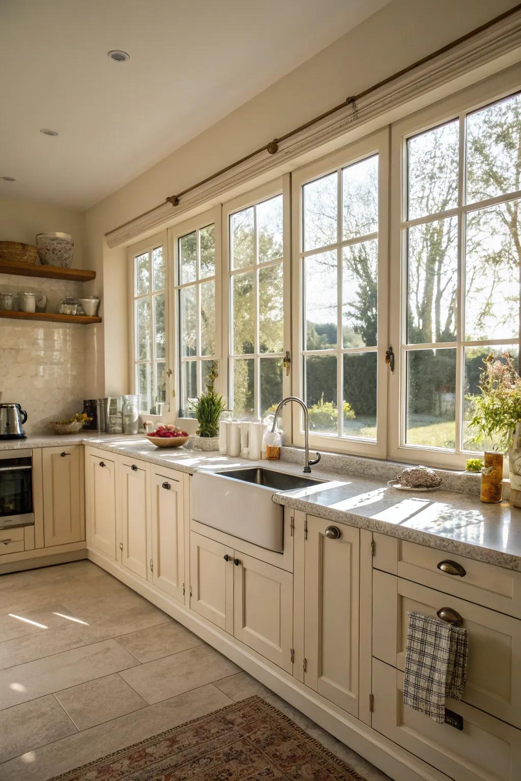 Sunlight beautifully enhances creamy white cabinets.