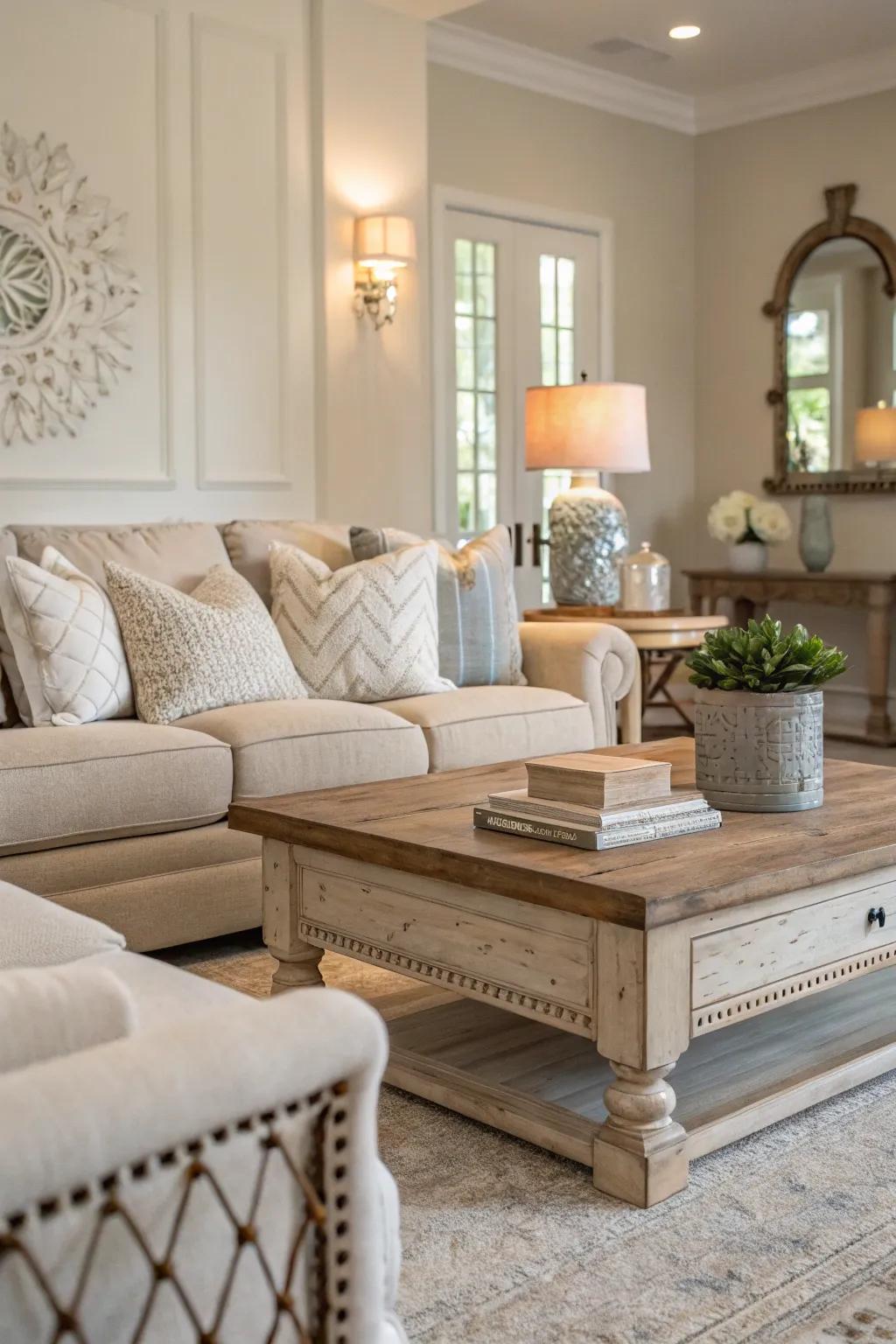 A calming neutral palette enhances the elegance of this off white living room.