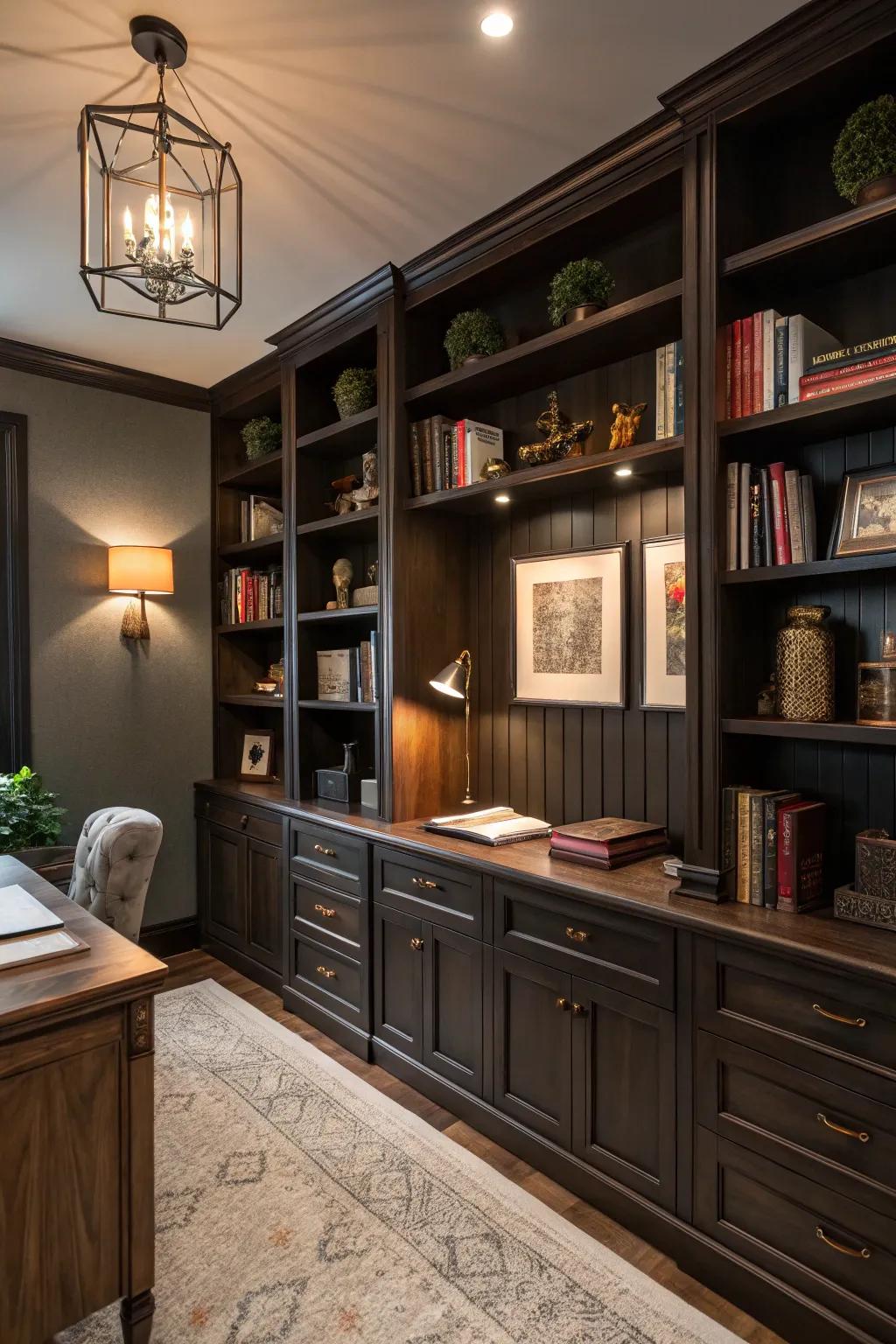 Dark shelves give any office a sophisticated flair.